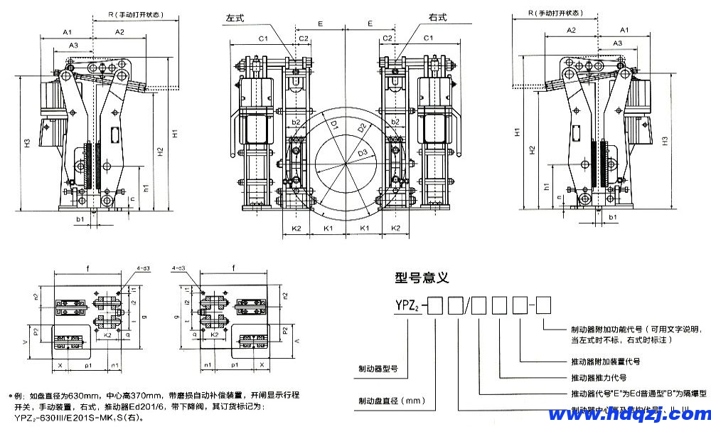 YPZ2ⅠⅡⅢ液壓臂盤式制動(dòng)器外形尺寸/型號意義圖